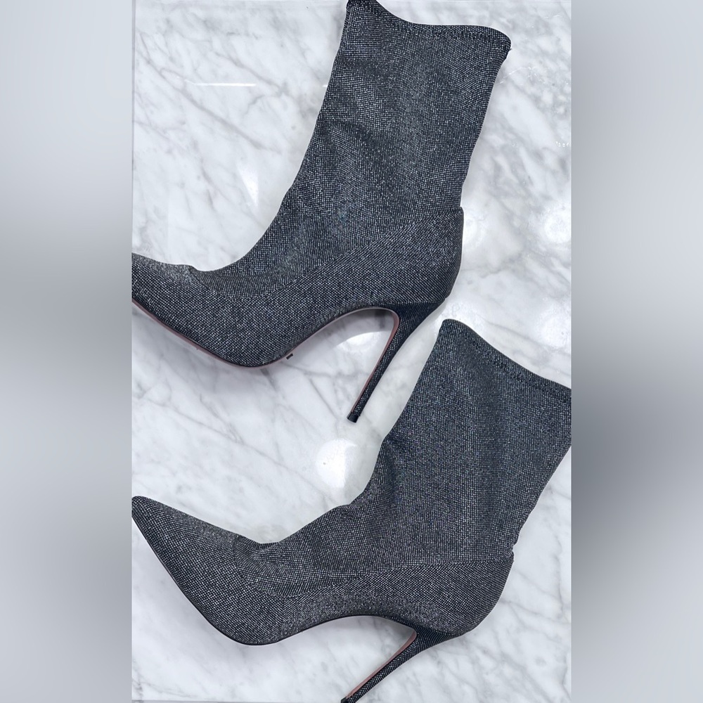 Schutz Mislane Sock Boots, Metallic Pointed Toe Fitted Stiletto, Black/Silver